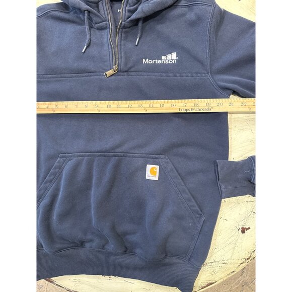 Carhartt Mens Navy Blue Half-Zip Hooded Sweatshirt W/ Mortenson Logo Embroidery - Picture 4 of 9